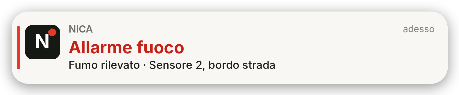 Notifica NICA sul telefono: Allarme fuoco. Fumo rilevato, sensore 2, bordo strada.