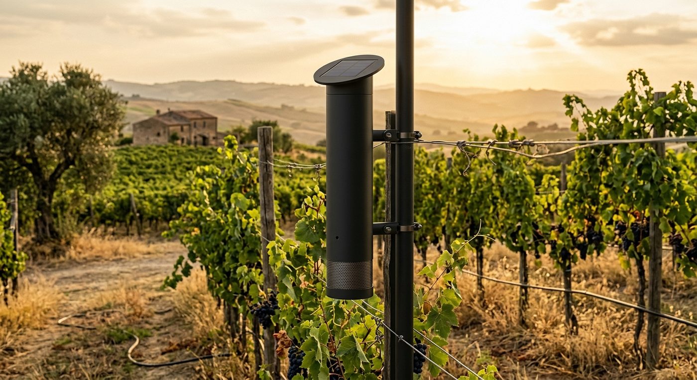 Rendering ravvicinato di un sensore NICA: un cilindro scuro con un piccolo pannello solare in cima, fissato a un palo tra i filari di un vigneto.